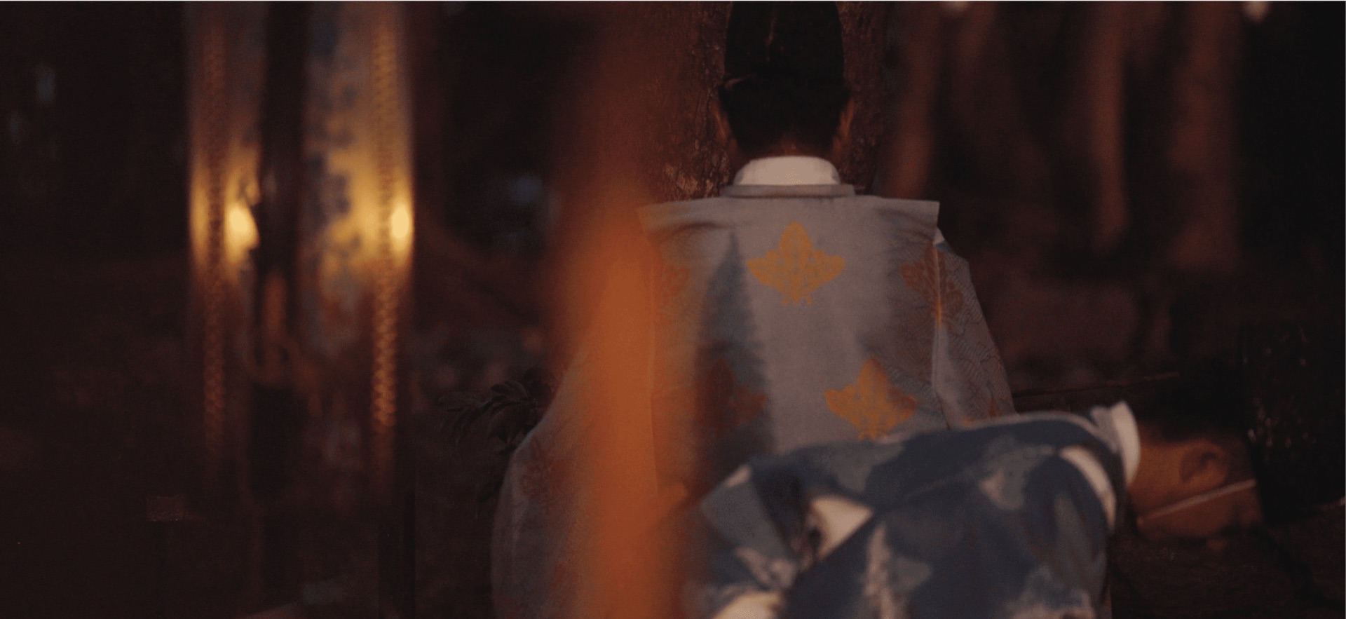 A figure in traditional robes, seen from behind, in dim, warm light