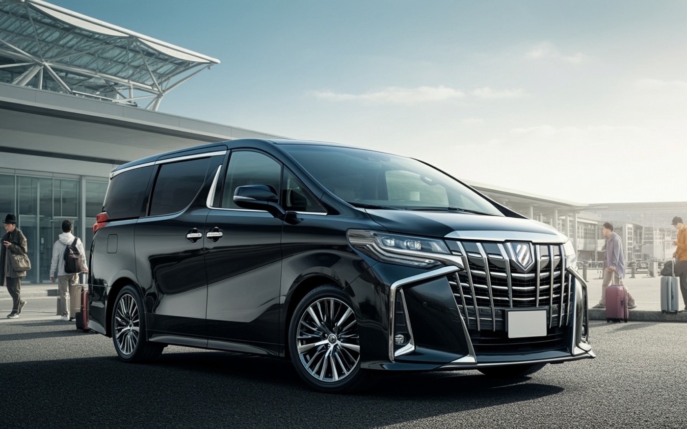 A black Toyota Alphard parked outside an airport terminal